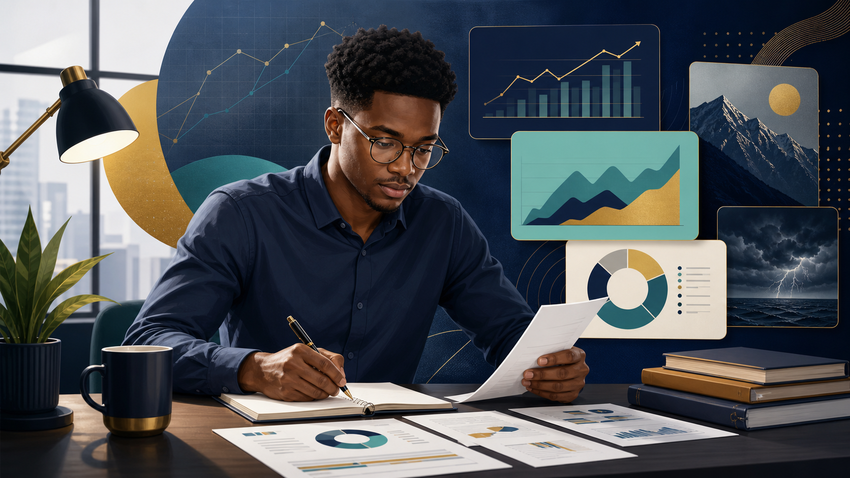 Accounting student preparing a CIMA case study with financial charts