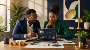 Finance professionals reviewing financial literacy dashboards