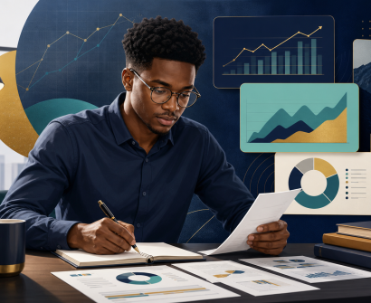 Accounting student preparing a CIMA case study with financial charts